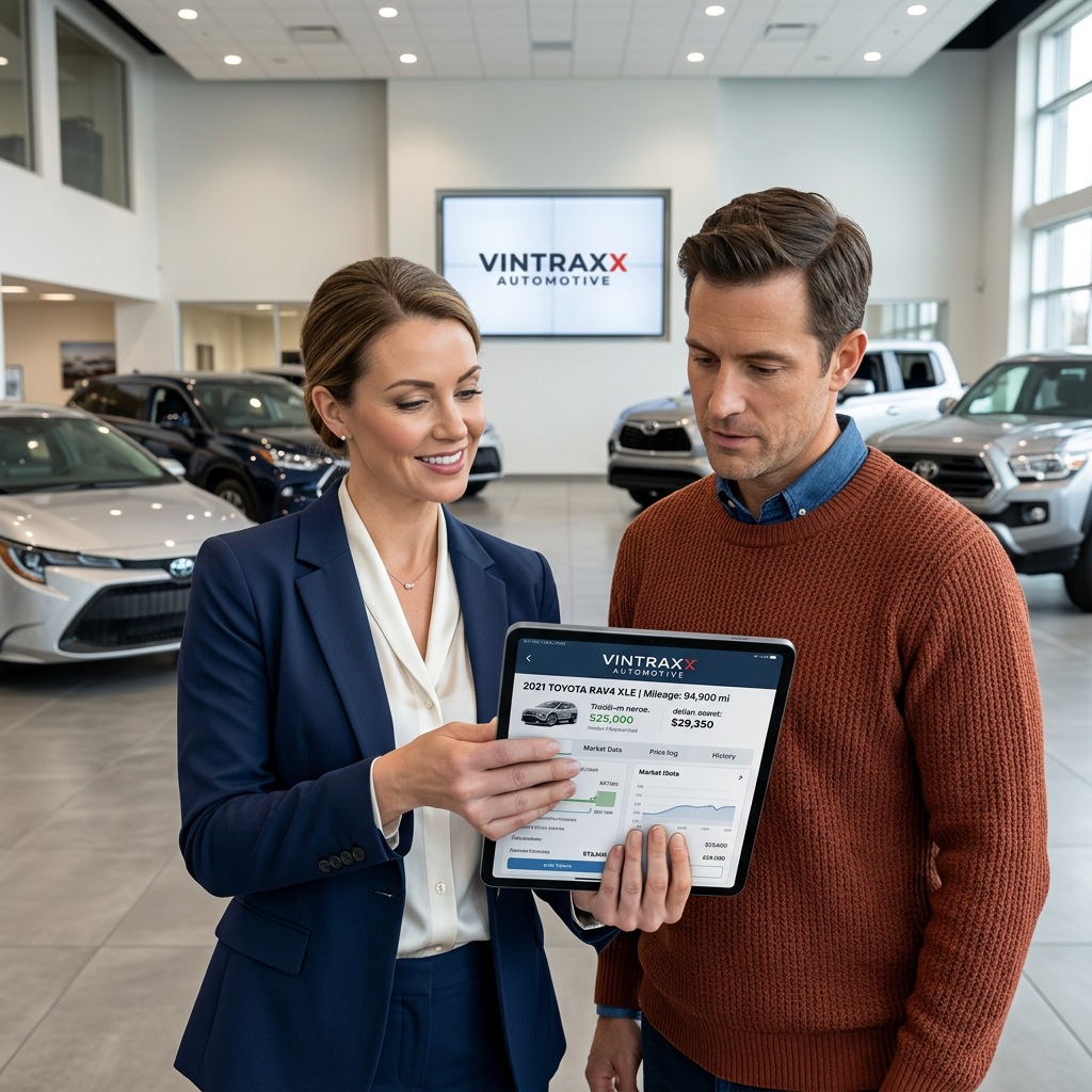 Saleswoman showing customer VinTraxx SmartScan results on iPad